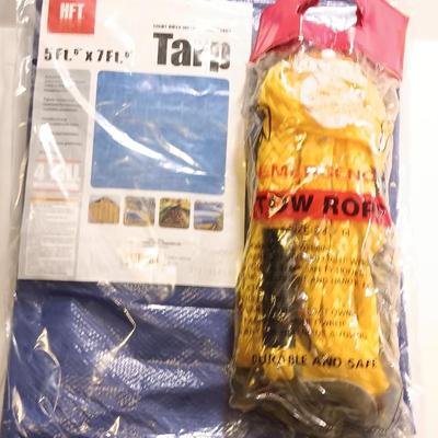 Brand new 5' x 7' Tarp with a new 3/4 x 14' Emergency Tow rope