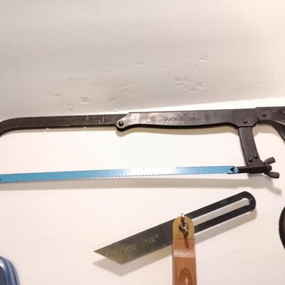 Pro series 25-foot tape measure - Hack saw - Emery cloth roll - and a Stanley adjustable bevel Angle