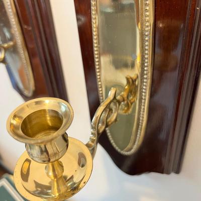 Pair Brass on Wood Wall Sconses