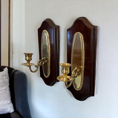 Pair Brass on Wood Wall Sconses