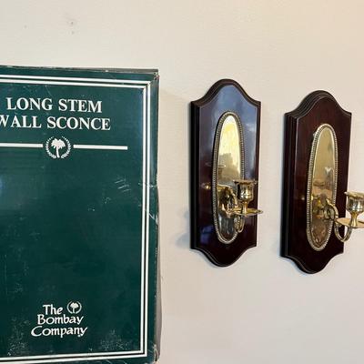 Pair Brass on Wood Wall Sconses