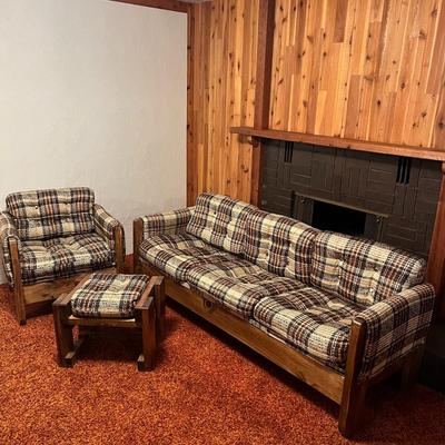 Vintage Plaid Sofa, Chair, and Ottoman