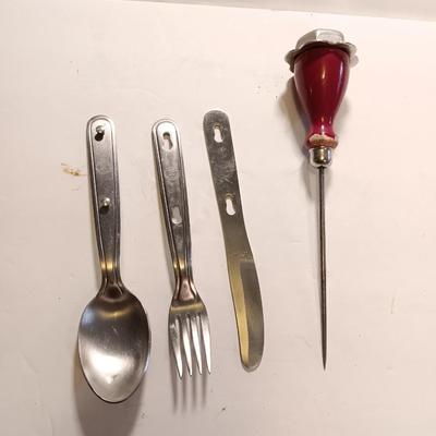 Boy Scouts of America clip together flatware - spoon - knife - fork with a vintage wooden handled ice pick
