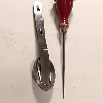Boy Scouts of America clip together flatware - spoon - knife - fork with a vintage wooden handled ice pick