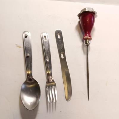 Boy Scouts of America clip together flatware - spoon - knife - fork with a vintage wooden handled ice pick