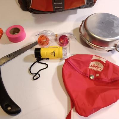 Orange backpack / bug out bag with contents - cookware - and survival goods
