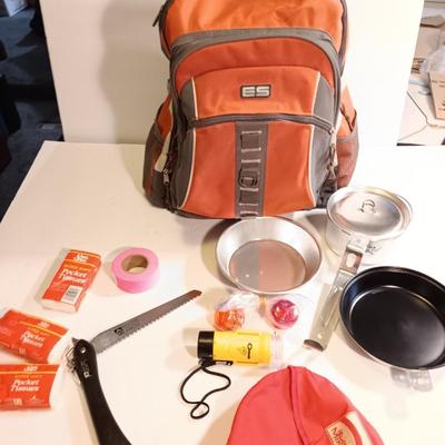 Orange backpack / bug out bag with contents - cookware - and survival goods