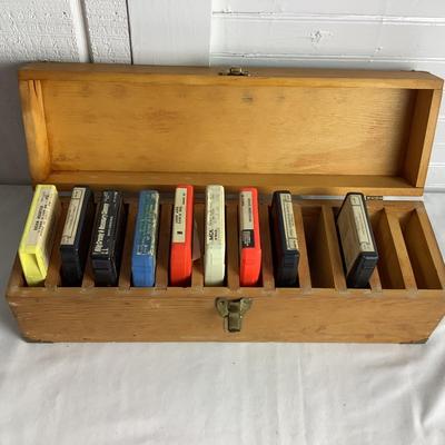 U668 Vintage Hand Crafted Wooden Box & 8 Track Tapes