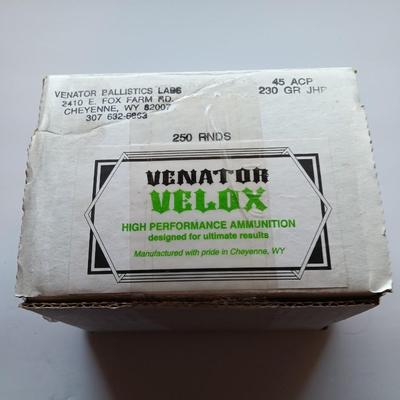 250 rounds Venator Velox High Performance Ammunition 45 ACP 230 GR. JHP