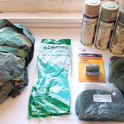 Camo raincoat - chemical resistant gloves - Para cord - Camo tape and spray paint