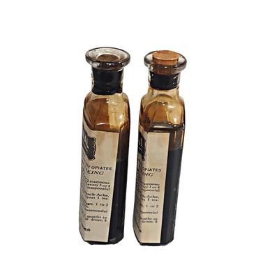 2 Antique Clear Glass Cork Top Aspironal Medicine Bottles