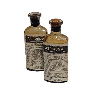 2 Antique Clear Glass Cork Top Aspironal Medicine Bottles