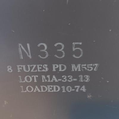 Ammunition chest - Empty metal Ammo Box - Marked N335 8 Fuzes pd m557 Loaded 10-74