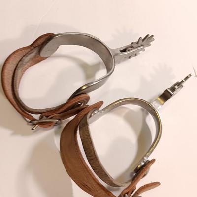 Vintage western Crockett Spurs with leather boot strap engraved with John on the side