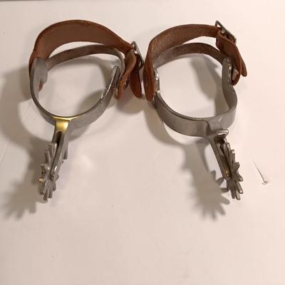 Vintage western Crockett Spurs with leather boot strap engraved with John on the side