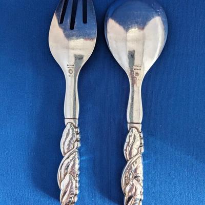 Antique 1919 Georg Jensen Denmark Sterling Ornamental #136 Serving / Salad Fork & Spoon