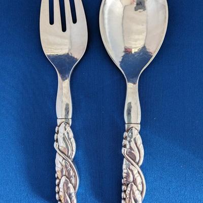 Antique 1919 Georg Jensen Denmark Sterling Ornamental #136 Serving / Salad Fork & Spoon
