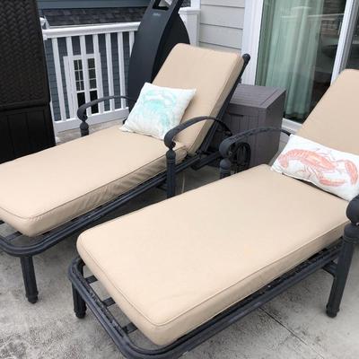 Two Chaise Outdoor Lounge Chairs with Frontgate Cushions + Pillows