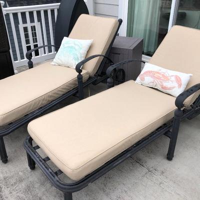 Two Chaise Outdoor Lounge Chairs with Frontgate Cushions + Pillows