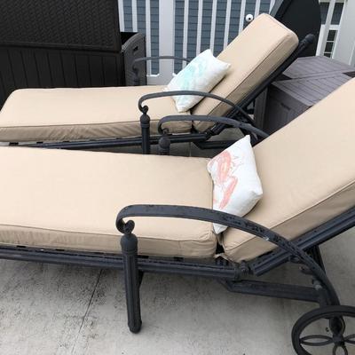 Two Chaise Outdoor Lounge Chairs with Frontgate Cushions + Pillows