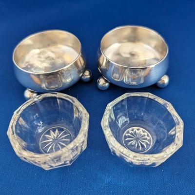Pair (2) Tiffany & Co Sterling Silver open salt cellars, ball feet with added glass liners 1873-1891