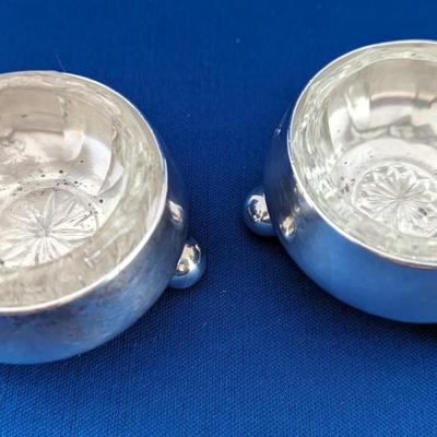 Pair (2) Tiffany & Co Sterling Silver open salt cellars, ball feet with added glass liners 1873-1891