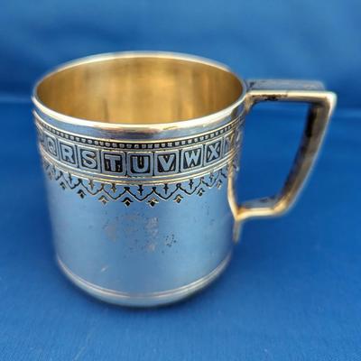 Tiffany & Co Makers Baby cup Alphabet design around rim 1907-1947 Mono "PWB"