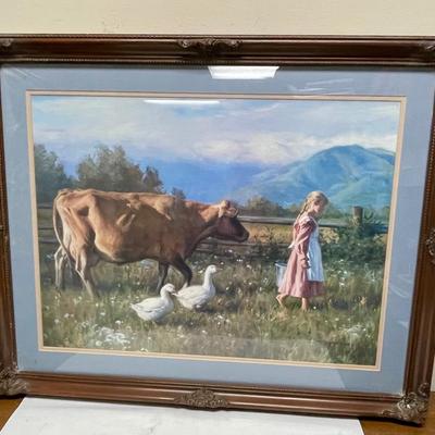 Farm Life Cow, Ducks, Girl Painting Print in Frame, Signed Art
