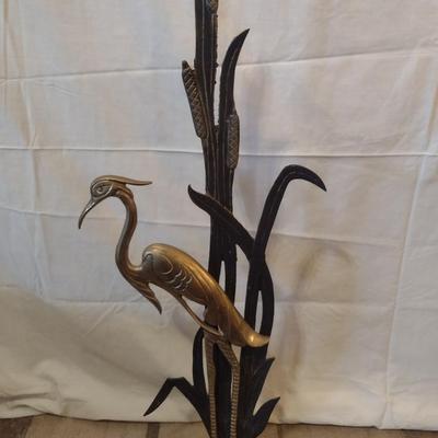 Vintage Brass Heron on Metal Cattails Backdrop Floor Statue Home Decor