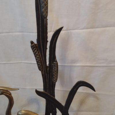 Vintage Brass Heron on Metal Cattails Backdrop Floor Statue Home Decor