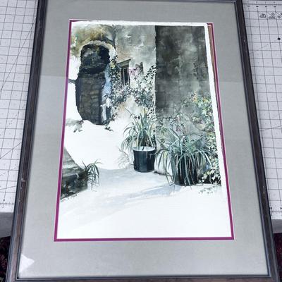 Framed Matted Water Color of Plants in the Doorway Artist: Ann V. Maak 