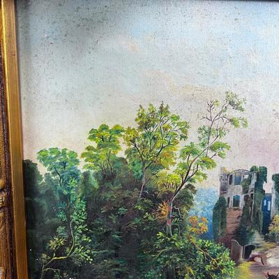 Picturesque! Antique European Oil on Canvas Painting, Castle and Cows