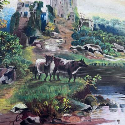 Picturesque! Antique European Oil on Canvas Painting, Castle and Cows