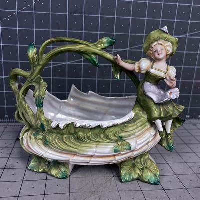 Green Basket Maiden with Vine on Handle Art Nouveau