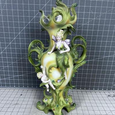 BISQUE Green Art Nouveau Figural Vase Marked: Saxony Circa 1900