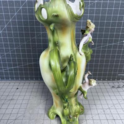 BISQUE Green Art Nouveau Figural Vase Marked: Saxony Circa 1900
