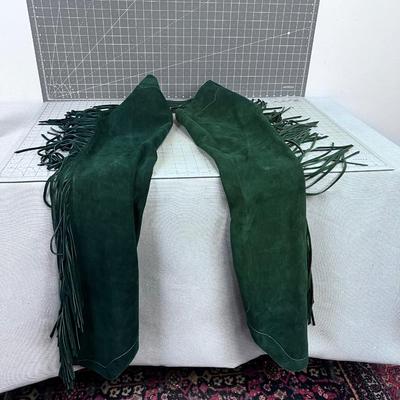 GREEN Suede Fringed CHAPS with Sterling Silver Buckle, for the Ladies. 