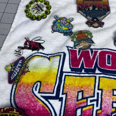Triple Crown Park City World Series, Bar Towel Covered with Girls  Fast Pitch Softball pins 