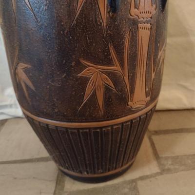 Pottery Floor Vase Detailed with Bamboo Plant