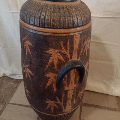 Pottery Floor Vase Detailed with Bamboo Plant