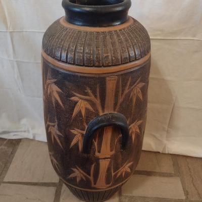 Pottery Floor Vase Detailed with Bamboo Plant