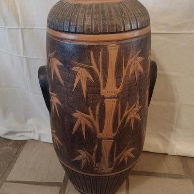 Pottery Floor Vase Detailed with Bamboo Plant