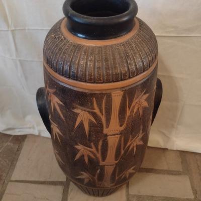 Pottery Floor Vase Detailed with Bamboo Plant