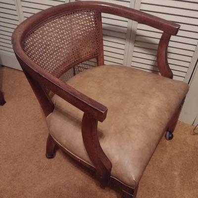Vintage MCM Design Wood Frame Chair with Cane Back and Upholstered Seat on Castors