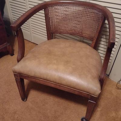 Vintage MCM Design Wood Frame Chair with Cane Back and Upholstered Seat on Castors