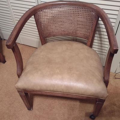 Vintage MCM Design Wood Frame Chair with Cane Back and Upholstered Seat on Castors