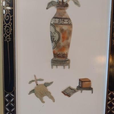 Vintage Black Lacquer Framed Mother of Pearl Wall Art