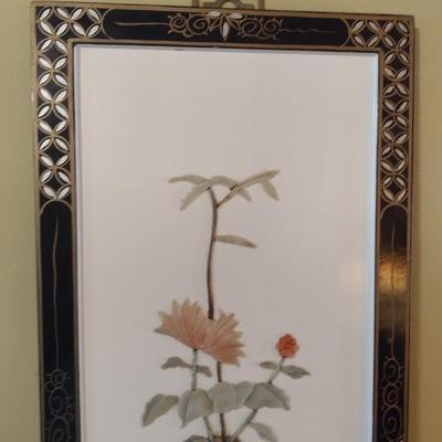 Vintage Black Lacquer Framed Mother of Pearl Wall Art