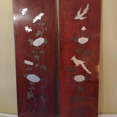 Pair of Wood Panel Mother of Pearl Inlay Nature Theme Wall Decor