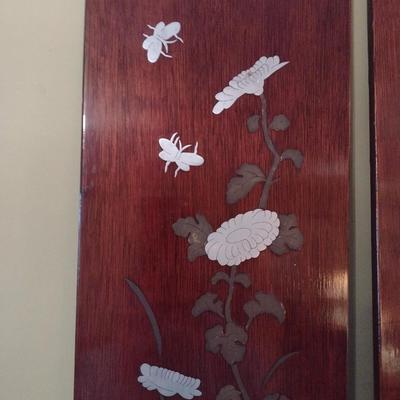 Pair of Wood Panel Mother of Pearl Inlay Nature Theme Wall Decor